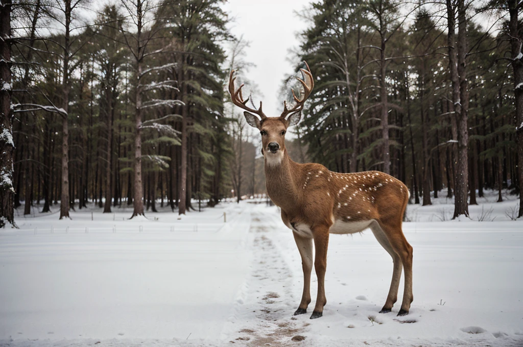a deer that is standing in the snow, fine art, dark forest background, portrait”, artwork, foto