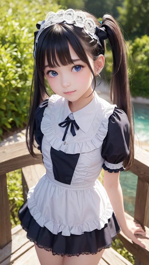 ((masterpiece)), ((highest quality、Ultra high definition)), (Very detailed),8K、Photo quality、((Amazingly cute girl)),(((-yeld gi)), Two people, , (Beautiful emerald blue eyes), ((smile)),In the open-air bath overlooking the sea, Beautifully arranged black hair in twin tails、whole body、Cute lolita maid style swimsuit))、Professional Lighting、(White lace knee-highore detailed and beautiful)、(More details and cutenesore realistic)、(((Just wear light clothing)))、プールではしゃぐ、