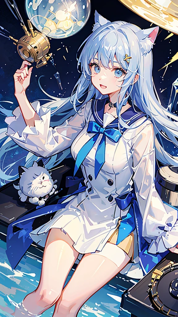 Frolicking with a cat、The background is a cat cafe、Cat Tower、Lots of cats、Crystal clear light blue hair、Her hair is gradated and white from the hairline to the middle.、Hair length is up to the knees、A shiny, light blue sailor suit、The hair ornament is glittering gold.、Silver hair ornament、She has big breasts、Adult face、