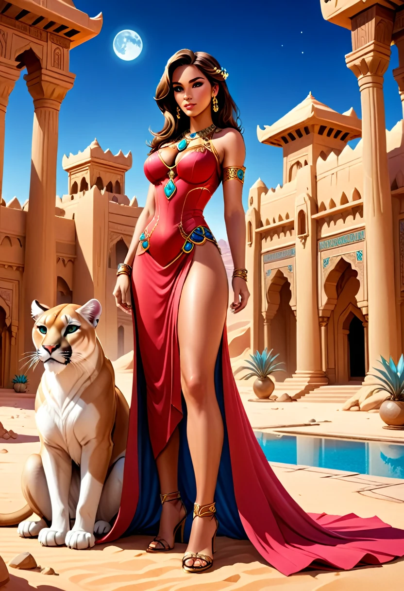 Arafed picture of a desert princess BREAK and her pet cougar in her palace high details, best quality, 16k, f a female human princess and her pet cougar, princess of the desert, full body, ((anatomically correct: 1.5)) ((standing: 1.5)) proudly royalty demeanor, a woman, (best detailed face: 1.5), Ultra Detailed face, wearing royal desert dress, decorated with gems, small cleavage, thigh high intricate leather high heeled boot, thick hair, long hair, brown hair, tan skin intense brown eyes, her epic desert cougar lying at her feet, guarding her, an epic fantasy desert palace in an oasis in the background (intricate details, Masterpiece, best quality: 1.5) night, moon light, stars  ,Wide-Angle, award winning, best quality, high quality, high details, highres, vibrant, Ultra-high resolution, High Contrast, (masterpiece:1.5), highest quality, Best aesthetics, best details, best quality, highres, ultra wide angle, 16k, [ultra detailed], masterpiece, best quality, chumbasket art style, Cinematic Hollywood Film, 