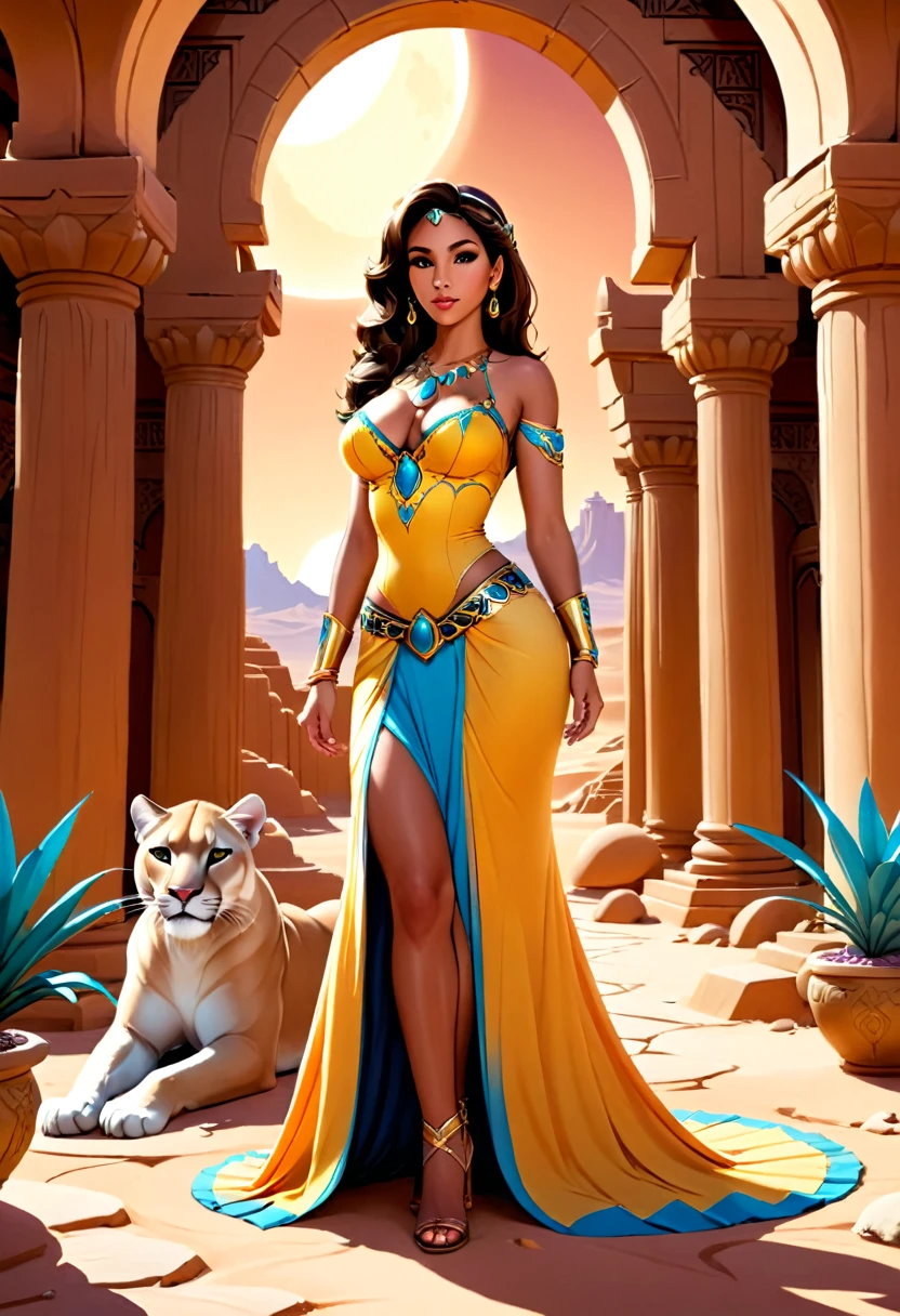 Arafed picture of a desert princess BREAK and her pet cougar in her palace high details, best quality, 16k, f a female human princess and her pet cougar, princess of the desert, full body, ((anatomically correct: 1.5)) ((standing: 1.5)) proudly royalty demeanor, a woman, (best detailed face: 1.5), Ultra Detailed face, wearing royal desert dress, decorated with gems, small cleavage, thigh high intricate leather high heeled boot, thick hair, long hair, brown hair, tan skin intense brown eyes, her epic desert cougar lying at her feet, guarding her, an epic fantasy desert palace in an oasis in the background (intricate details, Masterpiece, best quality: 1.5) night, moon light, stars  ,Wide-Angle, award winning, best quality, high quality, high details, highres, vibrant, Ultra-high resolution, High Contrast, (masterpiece:1.5), highest quality, Best aesthetics, best details, best quality, highres, ultra wide angle, 16k, [ultra detailed], masterpiece, best quality, chumbasket art style, Cinematic Hollywood Film, 