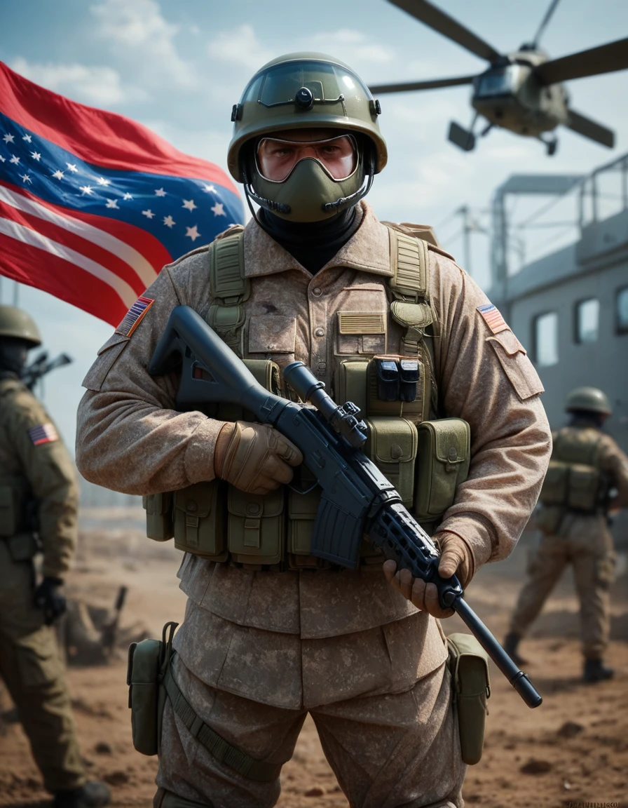 The image depicts a powerful, dynamic illustration of a soldier. The soldier is shown in a heroic pose, holding a rifle and raising his clenched fist. He is wearing military gear, including a helmet and a tactical vest. The background features vibrant splashes of color, creating a dramatic and intense atmosphere.

Behind the soldier, the flag of Azerbaijan is prominently displayed, adding a sense of national pride and patriotism to the image. The flag's colors are vivid and stand out against the chaotic background. Additionally, there is a helicopter in the background, adding to the military theme of the image.