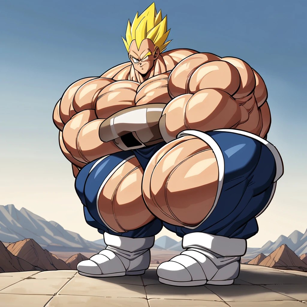 1boy, Vegeta, from Dragon Ball Z, masterpiece, best quality, very aesthetic, absurdres, saiyan, blue eyes, spiked hair, (yellow hair:1.5), standing up, good posture, shirtless, blue skintight pants, white boots with brown tips, white gloves, (huge muscles:2.9), Dragon Ball Z artstyle, in the style of Akira Toriyama, white tiled floor, outdoor, flat-top mountains, full pose, full body shot, (full body in frame:1), Extreme Wide Shot, Low Angle Shot