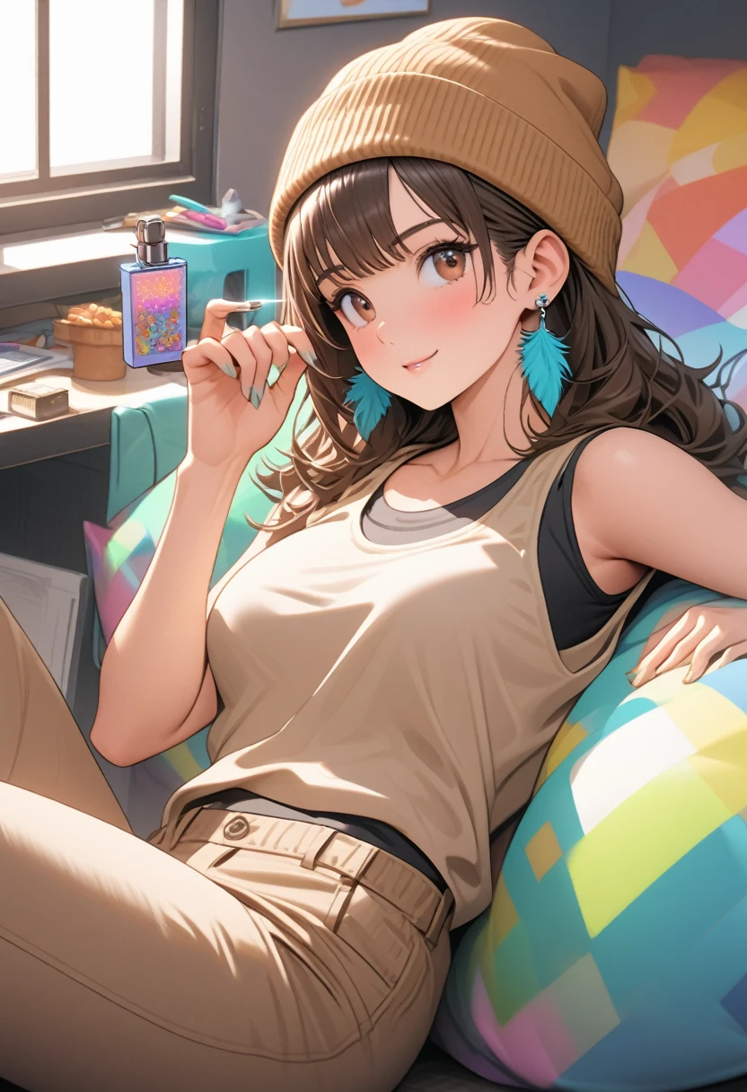 Adult female, mature, very short shaggy brown hair, wolf cut style hair, brown beanie, brown eyes, beige hipster clothes, tanktop, colorful hipster room, chill demeanor, nonchalant,  one blue feather earring, leaning back on bean bag, holding lighter, fully clothed, highly detailed, specific detail, perfect detail, perfect eyes, perfect hands