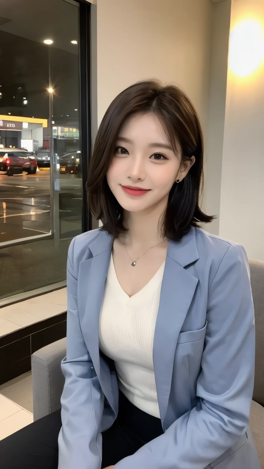 ((Top Quality, 8K, Masterpiece: 1.3)), Focus: 1.2, Perfect Body Beauty: 1.6, Ass: 1.3, ((Layered Haircut, Chest: 1.2)), (Wet Clothes: 1.1), (Night, Hotel: 1.3), business suit: 1.1, Highly Detailed Face and Skin Texture, Narrow Eyes, Double Eyelids, Whitening Skin, Long Hair, (Shut Up: 1.3), Smile, news studio, sit on the chair, announcer