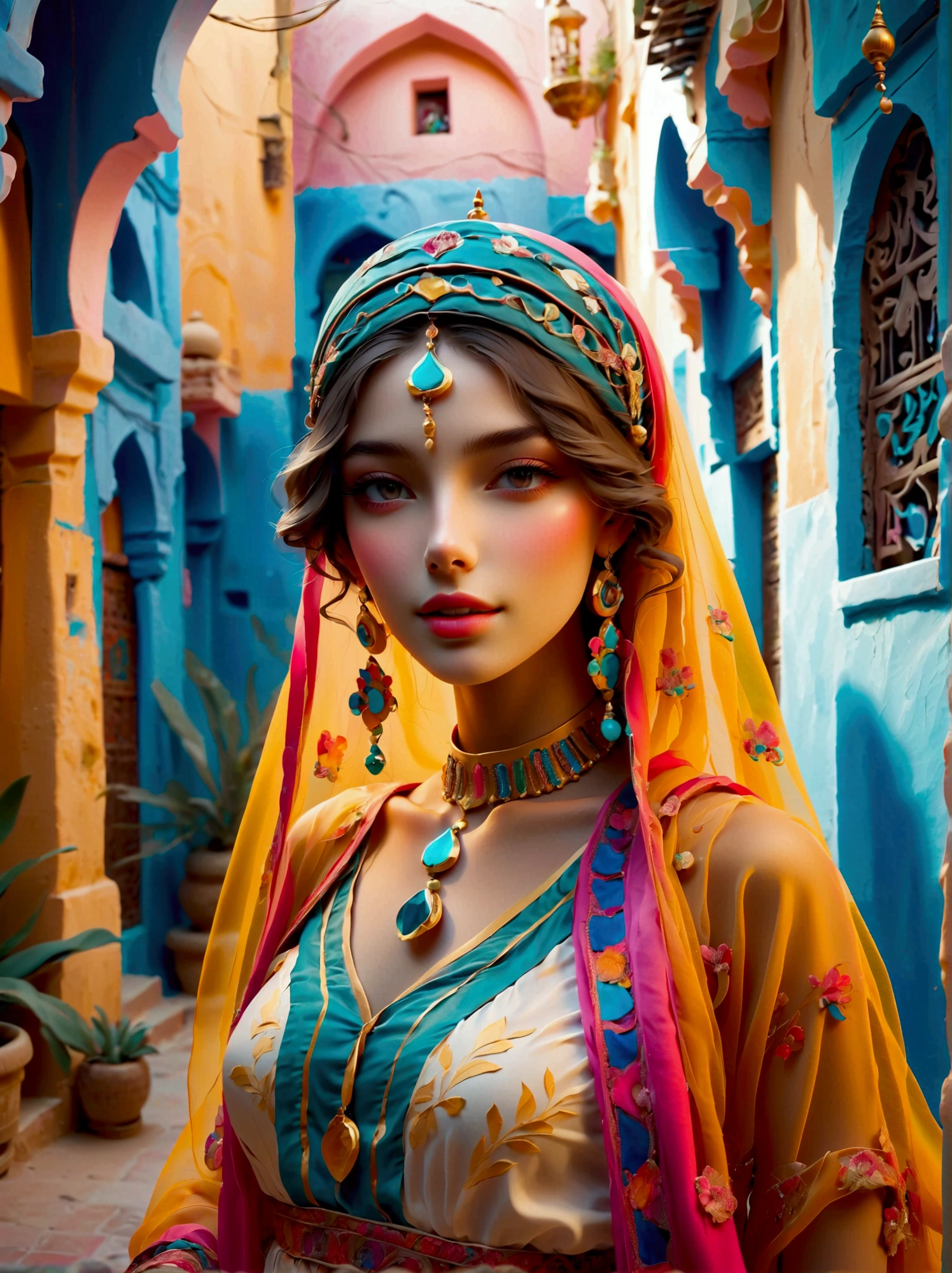 Desert Princess, dressed in vibrant traditional attire, steeped in an atmosphere brimming with magic and whimsy, similar to the setting of a classic animation movie poster. She poses eloquently within the enchanting casbah of Algiers, generally captured using a wide-angle lens, showcasing the grandeur of the location, exhibiting an effusive display of color and vibrancy. Special emphasis is placed on depicting the essence of North African culture and heritage, embodying the royal and feminine spirit that is innate within her