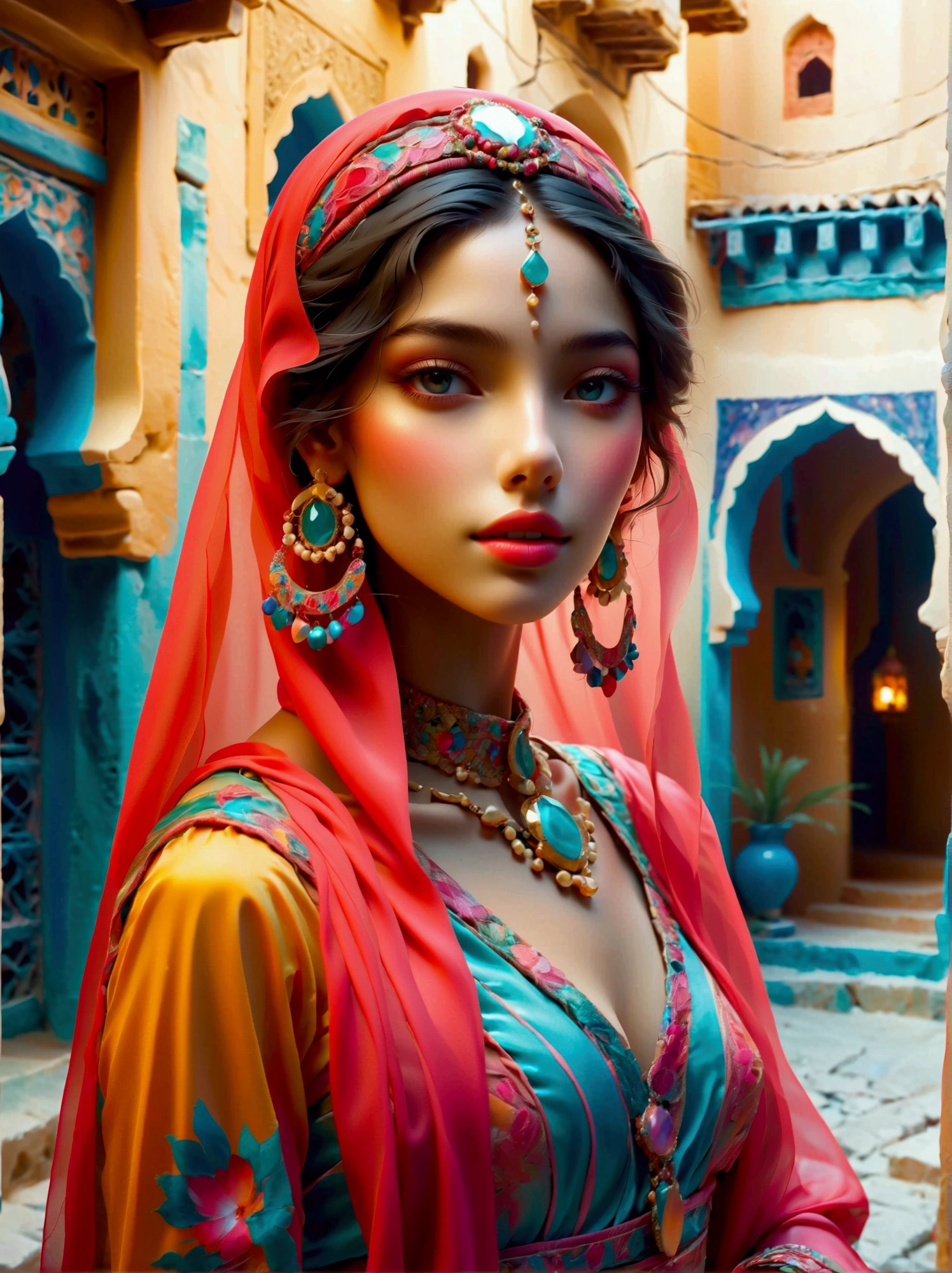 Desert Princess, dressed in vibrant traditional attire, steeped in an atmosphere brimming with magic and whimsy, similar to the setting of a classic animation movie poster. She poses eloquently within the enchanting casbah of Algiers, generally captured using a wide-angle lens, showcasing the grandeur of the location, exhibiting an effusive display of color and vibrancy. Special emphasis is placed on depicting the essence of North African culture and heritage, embodying the royal and feminine spirit that is innate within her