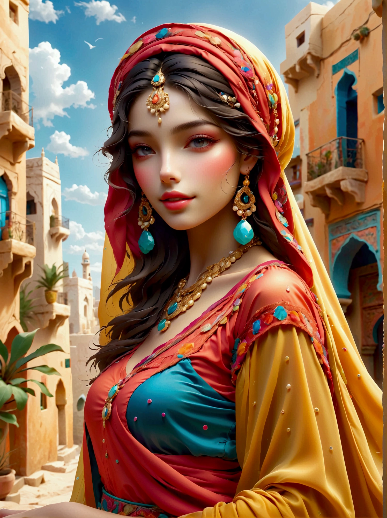 Desert Princess, dressed in vibrant traditional attire, steeped in an atmosphere brimming with magic and whimsy, similar to the setting of a classic animation movie poster. She poses eloquently within the enchanting casbah of Algiers, generally captured using a wide-angle lens, showcasing the grandeur of the location, exhibiting an effusive display of color and vibrancy. Special emphasis is placed on depicting the essence of North African culture and heritage, embodying the royal and feminine spirit that is innate within her