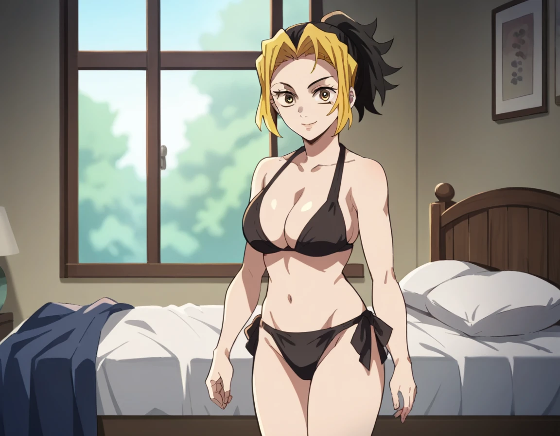 A tan-skinned anime girl lies on the ground, her ribs protruding from her emaciated body. She wears a triangle bikini top that covers her busts and long skirt, her hunger evident in the sweat beads that cover her skin. Rendered in a gritty, anime style.