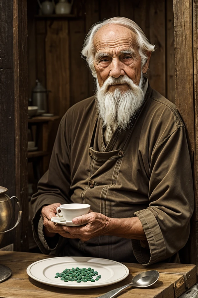 Elderly peasant man with plate of beans