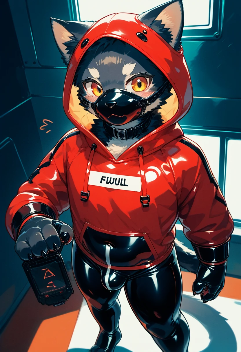 Highest quality, Highest quality, High quality illustrations, masterpiece, Ultra-high resolution, Detailed Background, Games Room, Absurd, Perfect Anatomy, performance, Good lighting, Shadows in the movies(kemono, Furry PersonifiCation), Cat, Dark Skin, Rubber suit, Rubber suit, latex, neon, neonライト, neonカラー, Rubber spats, Rubber Hoodie, Rubber mask, ribbon, Embarrassing, Null bulge, male, juvenile, From above