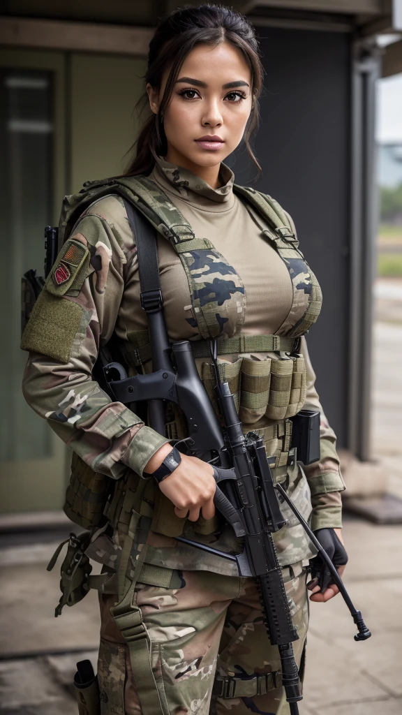 ((masterpiece、top-quality、realisitic、ultra-detailliert、hight resolution、Photorealsitic、foco nítido、lighting like a movie))、Stunning portrait of a beautiful woman、bustshot、Focus from the chest up、sad Facial expression、Beautiful detailed eyeedium Hair、Army camouflage uniform、Camouflage Tactical Vest、Long trousers with camouflage pattern、Combat gloves、rucksack、Black Military Undershirt、Tanks on the background、White smoke、Detailed hand depiction、Latina, large breast, carrying riffle