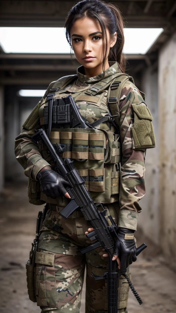 ((masterpiece、top-quality、realisitic、ultra-detailliert、hight resolution、Photorealsitic、foco nítido、lighting like a movie))、Stunning portrait of a beautiful woman、bustshot、Focus from the chest up、sad Facial expression、Beautiful detailed eyeedium Hair、Army camouflage uniform、Camouflage Tactical Vest、Long trousers with camouflage pattern、Combat gloves、rucksack、Black Military Undershirt, White smoke、Detailed hand depiction、Latina, Gaza city in the backgorund, large breast
