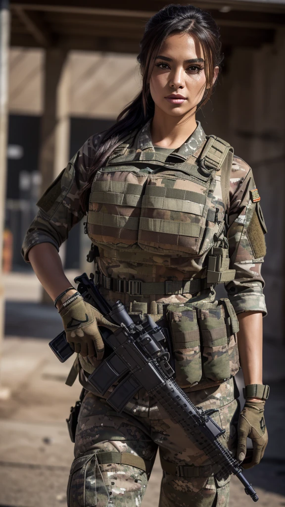((masterpiece、top-quality、realisitic、ultra-detailliert、hight resolution、Photorealsitic、foco nítido、lighting like a movie))、Stunning portrait of a beautiful woman、bustshot、Focus from the chest up、sad Facial expression、Beautiful detailed eyeedium Hair、Army camouflage uniform、Camouflage Tactical Vest、Long trousers with camouflage pattern、Combat gloves、rucksack、Black Military Undershirt、Tanks on the background、White smoke、Detailed hand depiction、Latina, large breast, carrying riffle
