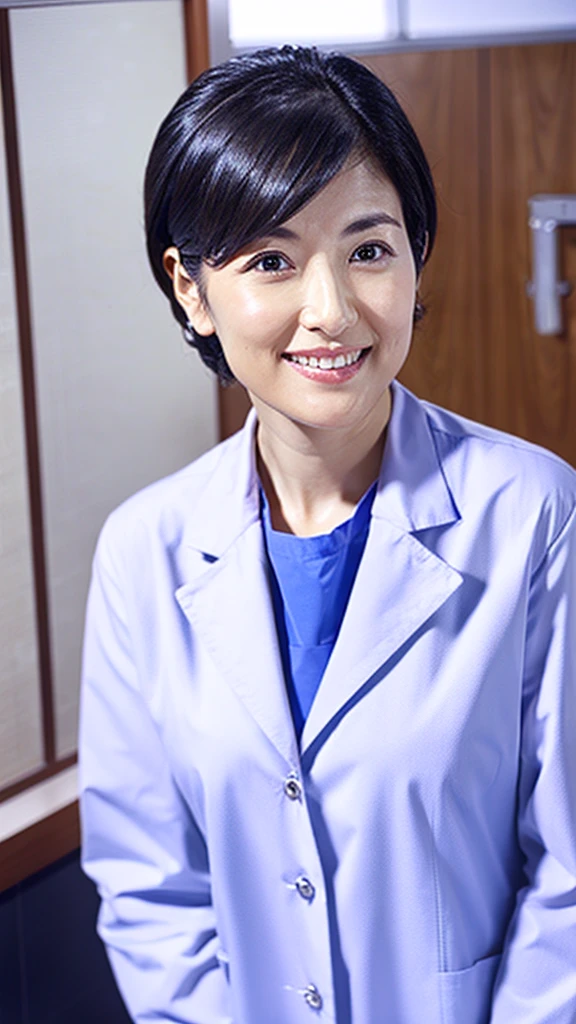 Dentist wearing white medical scrubs Japanese black hair 50s Upper body close-up smile Photo shoot at the clinic Highest quality