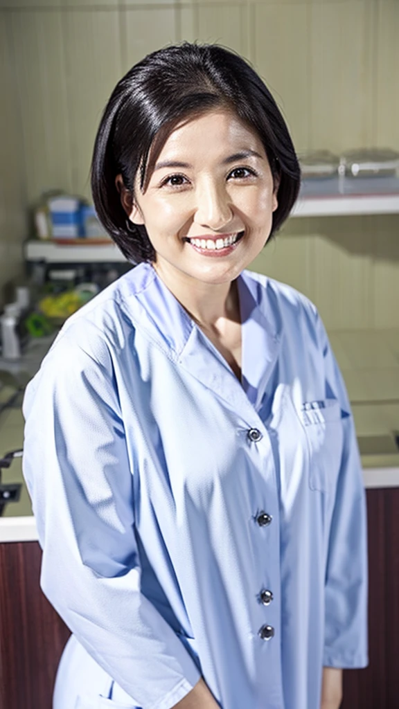 Dentist wearing white medical scrubs Japanese black hair 50s Upper body close-up smile Photo shoot at the clinic Highest quality