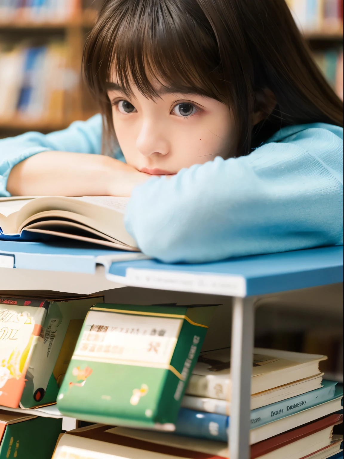 (8k, Top quality, Masterpiece:1.2), (Realistic, photo-realistic:1.37), Super detailed, perfect anatomy, cute, small eyes, 18 years old, a Japanese, girl, reading a book, in the library,