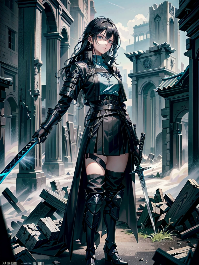 long blue great sword, Ruins, tech boots, black jacket, samurai, absurdres, RAW photo, extremely delicate and beautiful, masterpiece, Best Quality, ultra high resolution, 32k, hyperrealistic, ultra-detailed, tearful mole, earring, short medium hair, wavy hair, whole body, 