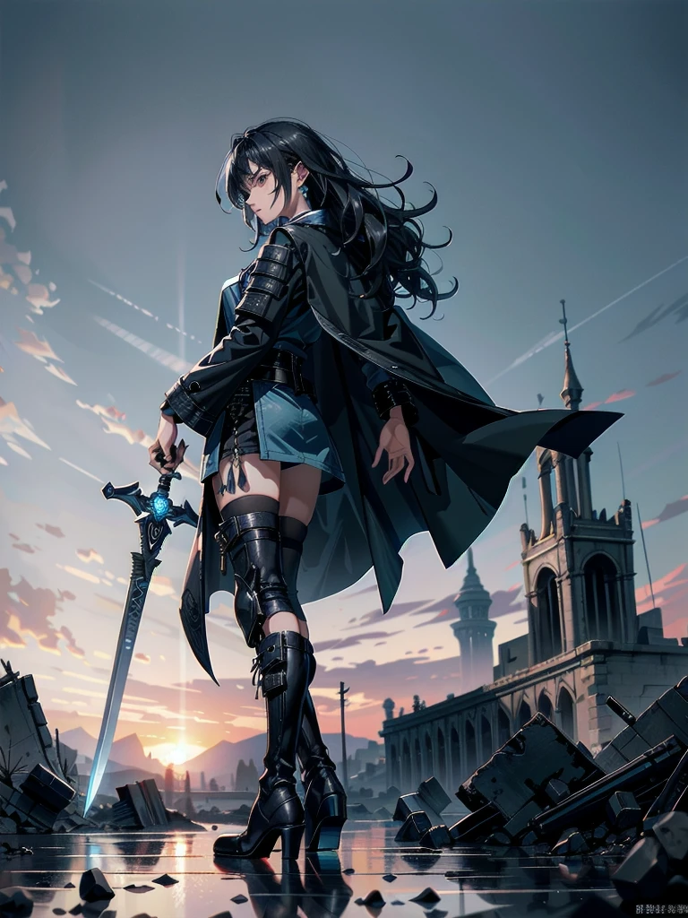long blue great sword, Ruins, tech boots, black jacket, samurai, absurdres, RAW photo, extremely delicate and beautiful, masterpiece, Best Quality, ultra high resolution, 32k, hyperrealistic, ultra-detailed, tearful mole, earring, short medium hair, wavy hair, whole body, 