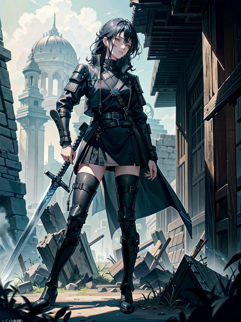 long blue great sword, Ruins, tech boots, black jacket, samurai, absurdres, RAW photo, extremely delicate and beautiful, masterpiece, Best Quality, ultra high resolution, 32k, hyperrealistic, ultra-detailed, tearful mole, earring, short medium hair, wavy hair, whole body,
