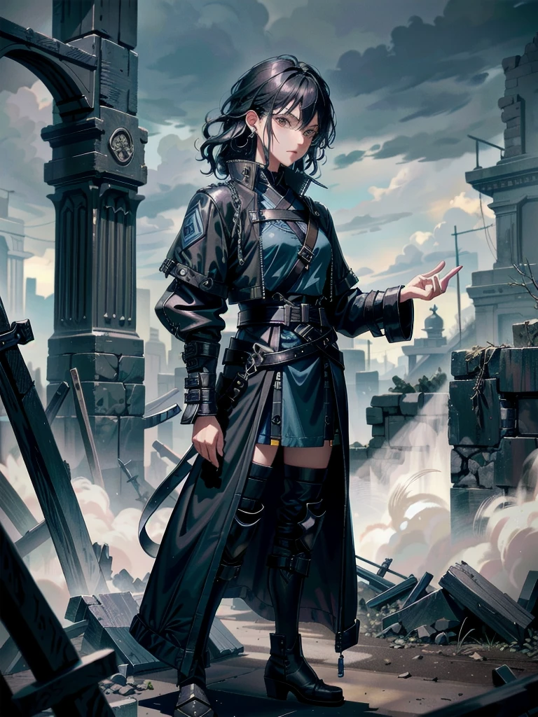 long blue great sword, Ruins, tech boots, black jacket, samurai, absurdres, RAW photo, extremely delicate and beautiful, masterpiece, Best Quality, ultra high resolution, 32k, hyperrealistic, ultra-detailed, tearful mole, earring, short medium hair, wavy hair, whole body, 