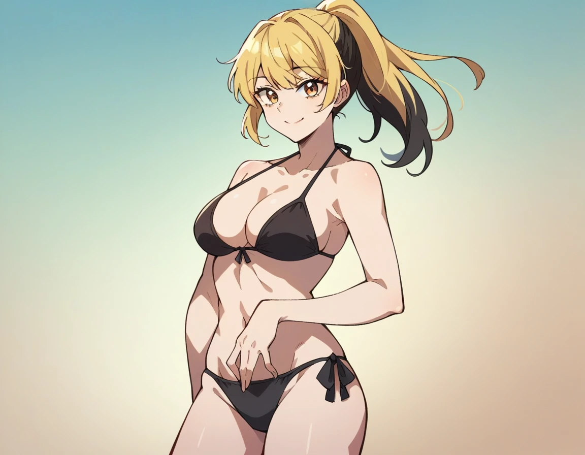 score_9, score_8_up, score_7_up, source_anime,
knymakio, makio, blonde hair, black hair, brown eyes, yellow eyes, ponytail, multicolored hair, two-tone hair,
(((bikini )), smile big breasts ,
solo, looking at viewer, cowboy shot, black bikini