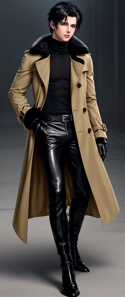Final fantasy taste and reality graphics, Japanese young cute and cool ikemen boy, his age is early 20s, thin eyebrows and beady eyes, he wearing orange beige color double brest very thick trench coat, with a black color neck fur.,neck fur is black color, must black neck fur,
Must tighten your belt og coat, with epaulet, must close the front of the trench coat,, must trench coat cloth the front, also wearing black very thick turtleneck lackluster shirts, tight black leather pants, shiny black leather tight and must put on a thin leather glove both hands, black leather knee-high raceup boots,must views head-to-toe,must views whole body, boy looks like fashion model,Do not show skin from the neck down,leather jacket leather glove and leather pants have few wrinkles,boy in the room,,Avoid showing your innerwear,must close coats waist belt.
