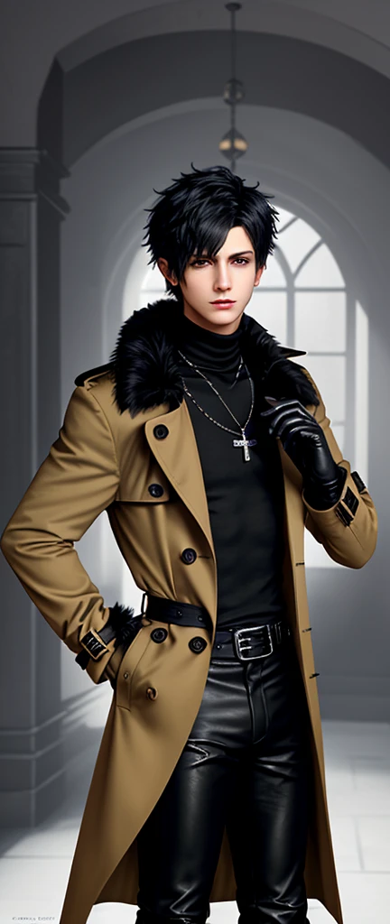 Final fantasy taste and reality graphics, Japanese young cute and cool ikemen  boy, his age is early 20s, thin eyebrows and beady eyes,  he wearing orange beige color double brest very thick trench coat, with a black color neck fur.,neck fur is black color, must black neck fur,
Must tighten your belt og coat, with epaulet, must close the front of the trench coat,, must trench coat cloth the front, also wearing black very thick turtleneck lackluster shirts,  tight black leather pants, shiny black leather tight and must put on a thin leather glove both hands, black leather knee-high raceup boots,must views  head-to-toe,must views whole body, boy looks like fashion model,Do not show skin from the neck down,leather jacket leather glove and leather pants have few wrinkles,boy in the room,,Avoid showing your innerwear,must close coats waist belt.