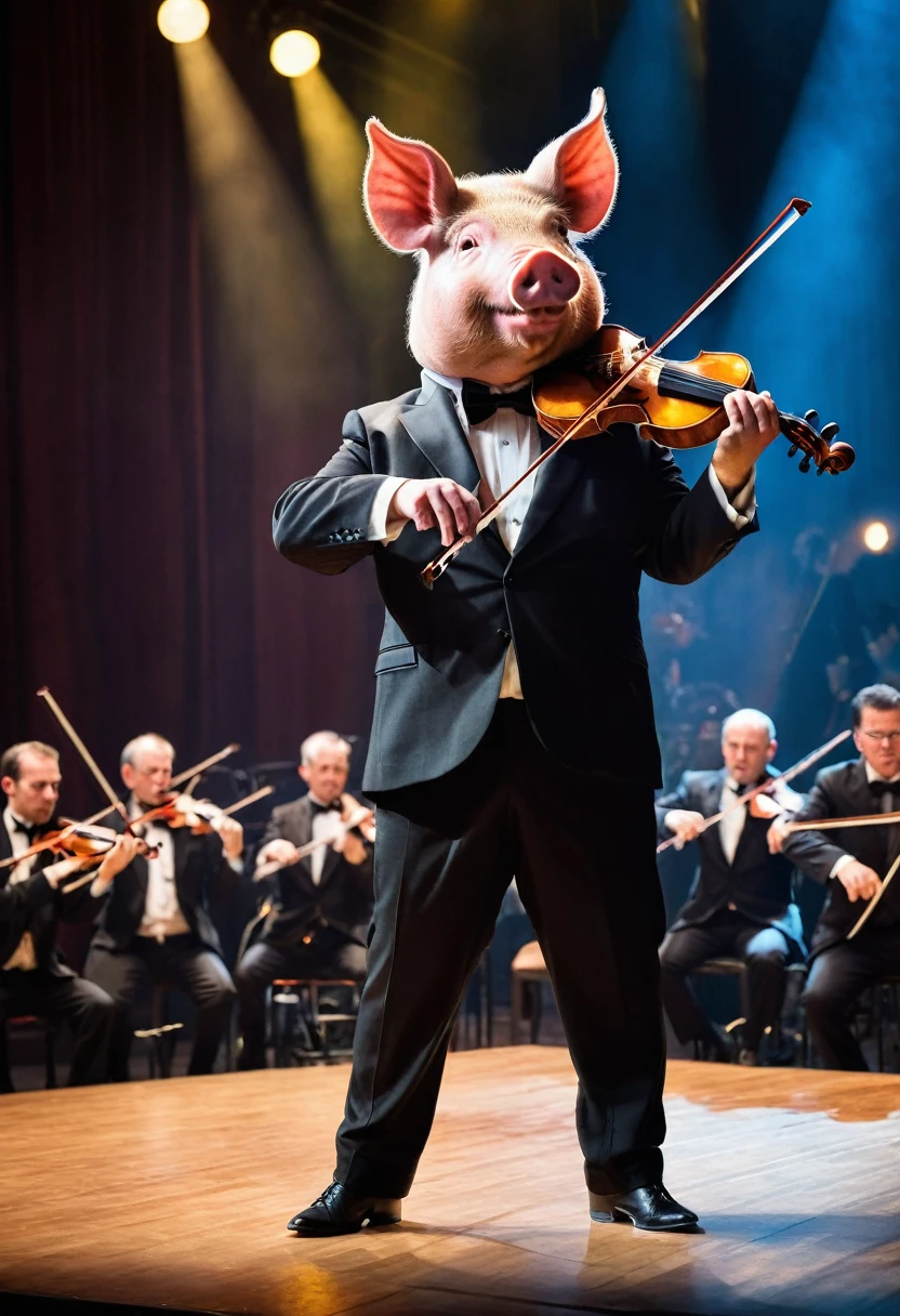 raw photo, cinamatic, a figure with a pig's head dressed in a black suit and bow tie is playing the violin on stage. The background is a brightly lit concert hall filled with an audience. This unusual combination is both intriguing and eye-catching.