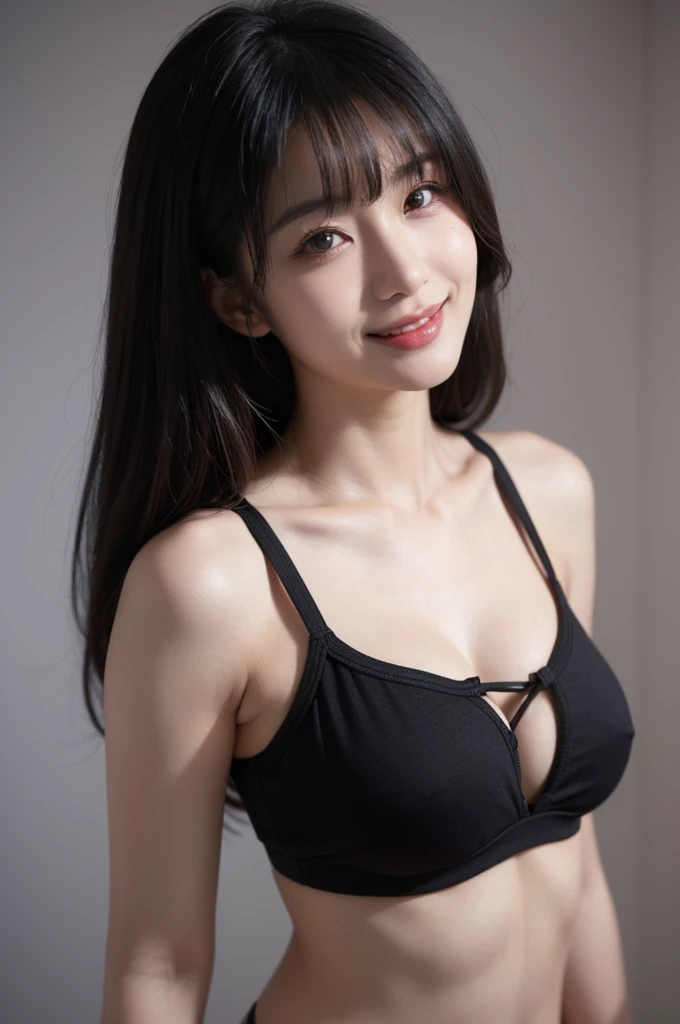 (Ultra Realistic), (Illustration), (High Resolution), (1girl), (Pretty Japanese girl in her 30s), (Best quality, 8K), (Best Illustration), (Beautiful Detailed Eyes), (Best Quality), (Ultra Detailed), (Masterpiece), (sexy), (Wallpaper), (Detailed Face), Solo, (seductive smile), (simple black cropped top), Japanese, (perfect body), (slim), (large perky , cleavage), (perky ass), (emphasizing large breasts), (bangs, long hair), (close up), (professional lighting), (black theme), (in bikini), (Standing)