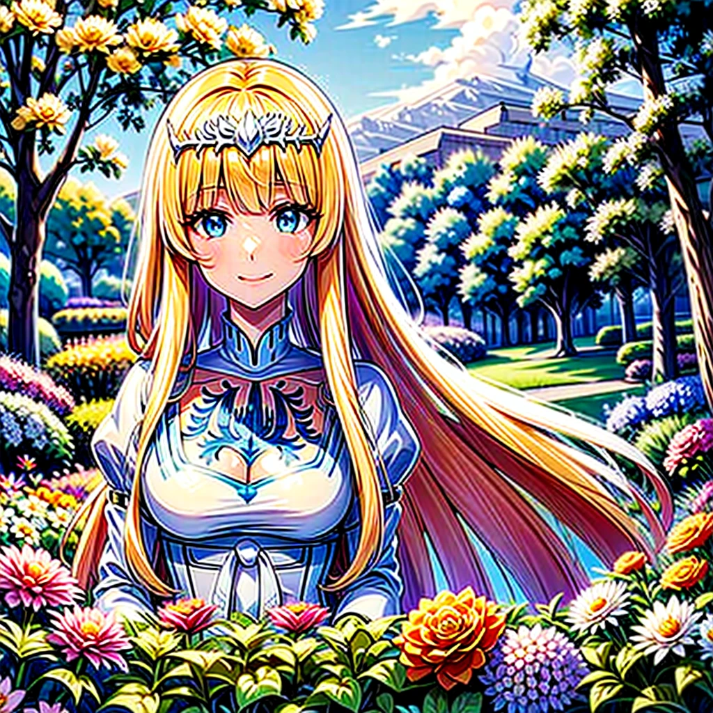 masterpiece, best quality, defingrid, bangs, looking at viewer, smile, garden, blue sky, clouds, upper body, standing, 1girl, solo, Calca, Calca Bessarez, blonde hair, (extremely long hair1.3), very long hair, white tiara, white dress, blue eyes, medium chest,extremely long hair