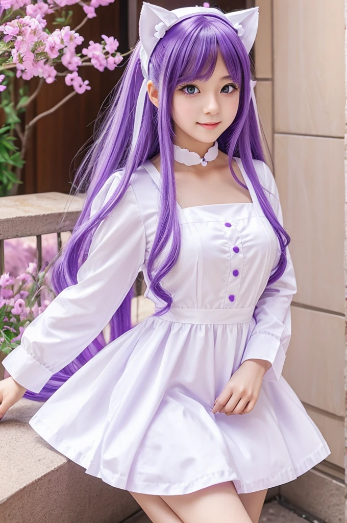 Anime neko cat cute girl long white hair maid purple outfit dress posing cutely