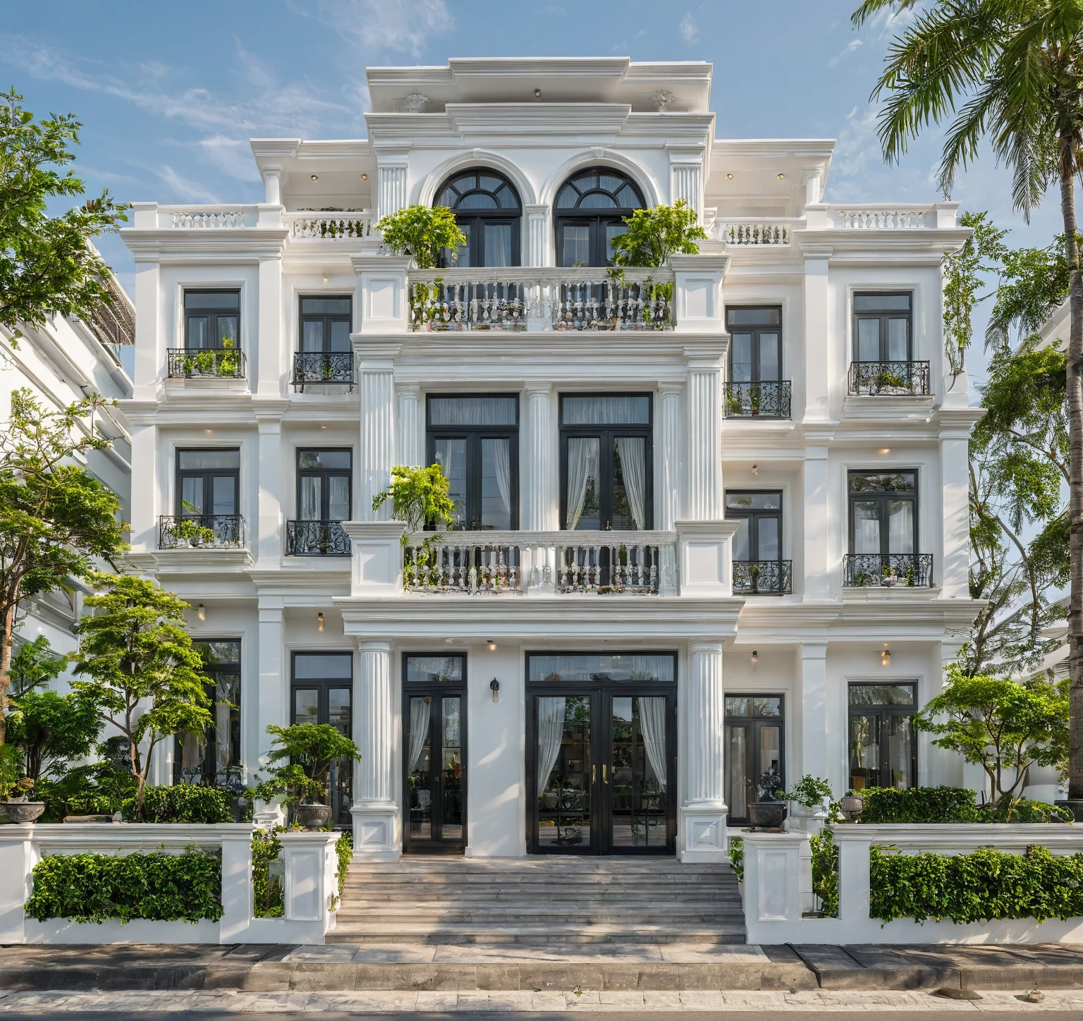 neo classical villa on street, (daylight), tropical tree, vivid colour, streetcapes, white tone, black detail, white wall, large glass door, warm interior lighting, best quality, masterpiece, ultra realistic