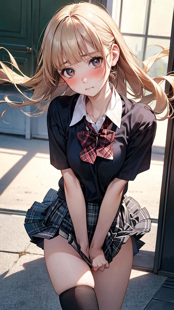 (masterpiece:1.2, top-quality), (realistic, photorealistic:1.4), beautiful illustration, (natural side lighting, movie lighting), ,
(looking at viewer), 1 girl, japanese, high school girl, perfect face, cute and symmetrical face, shiny skin, ,
(long hair:1.2, half updo:1.4, blond hair), blunt bangs, gold eyes, drooping eyes, long eye lasher, (large breasts:0.6), ((barelegs)),
beautiful hair, beautiful face, beautiful detailed eyes, beautiful clavicle, beautiful body, beautiful chest, beautiful thighs, beautiful legs,
((white collared shirts, grey pleated skirt, black socks, red plaid bow tie), pink panty),
(beautiful scenery), day time, school rooftop, (facing the front), (impatient expression, blushing cheeks, embarassed expression), (((skirt tug, wind lift))),