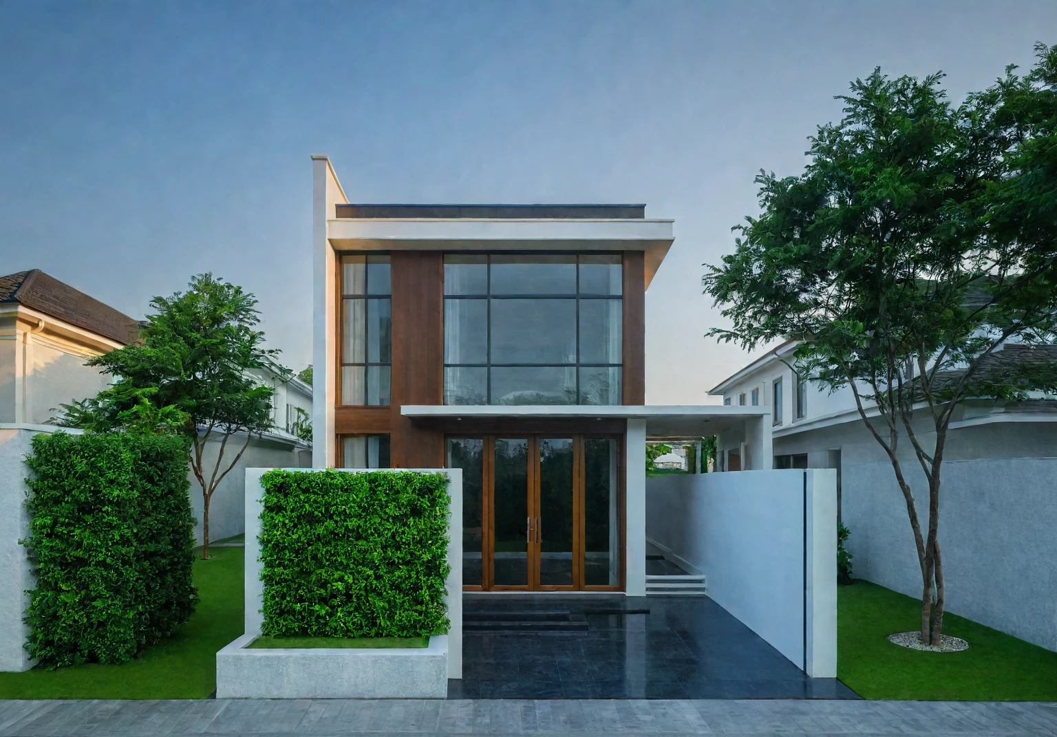 modern villa on street, (daylight), tropical tree, green shrub and plants, vivid color, streetcapes, minimalist design, brigth grey tone, (large glass door:1.2), warm interior lighting, modern material, best quality, ultra realistic, masterpiece,