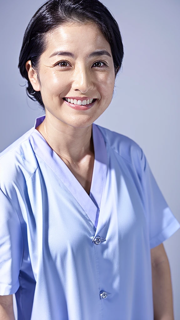 Male dentist wearing white medical scrubs Japanese black hair 50s　Upper body close-up　smile　Photo shoot at the clinic　Highest quality