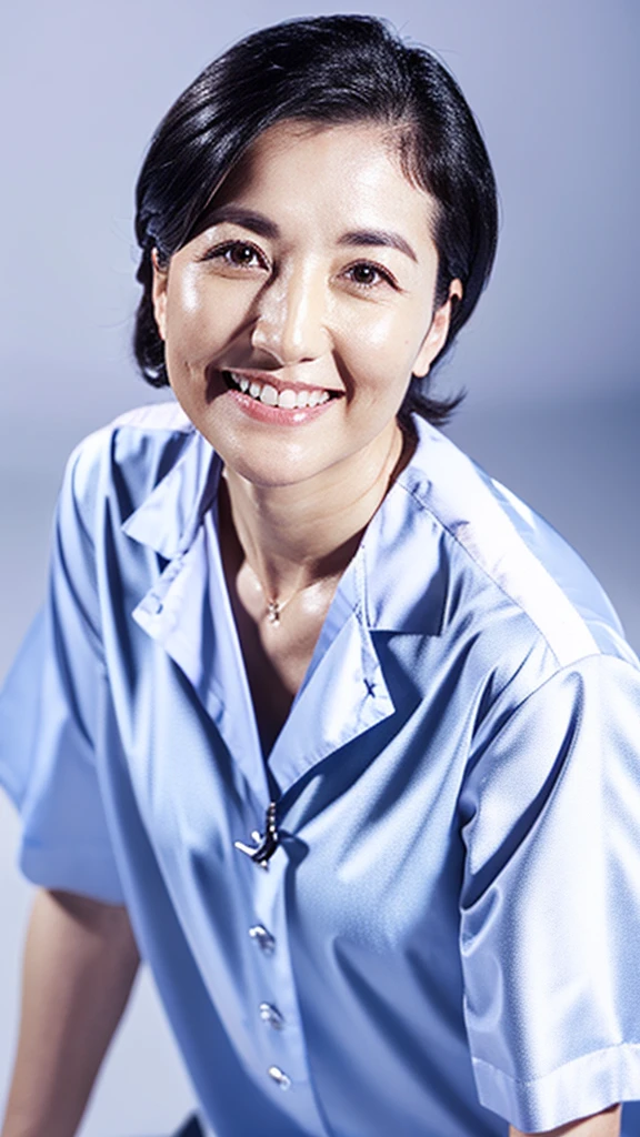 Male dentist wearing white medical scrubs Japanese black hair 50s　Upper body close-up　smile　Photo shoot at the clinic　Highest quality