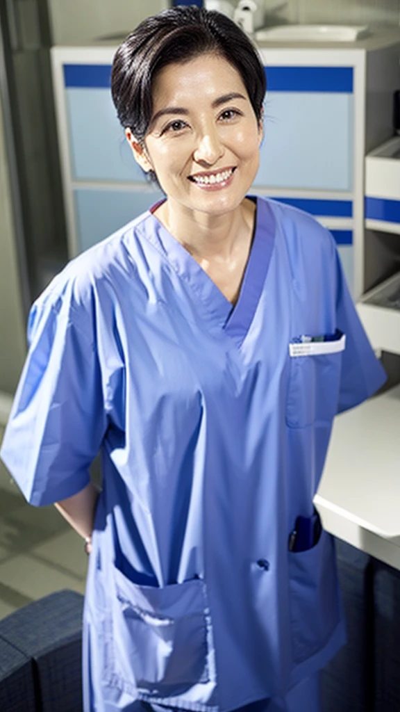 Male dentist wearing white medical scrubs Japanese black hair 50s Upper body close-up smile Photo shoot at the clinic Highest quality