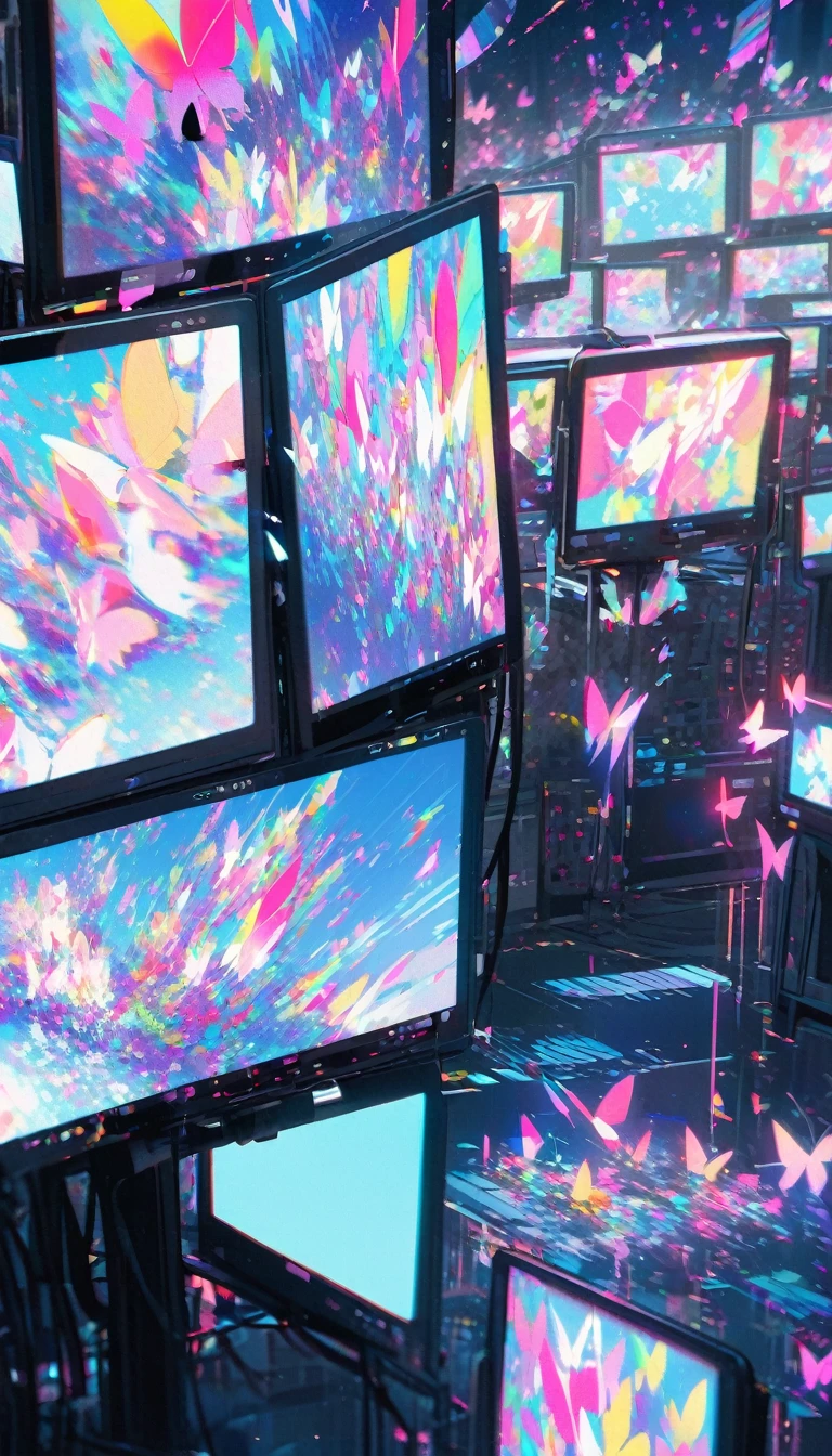 Butterflies flying from the screen、Multiple Screens、Digital Noise