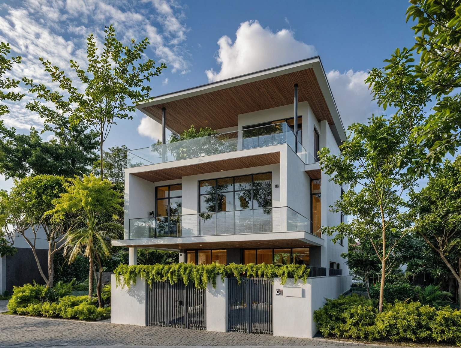 Masterpiece, high quality, best quality, authentic, super detail, outdoors, onestoreyvillaXL, aiaigroup, house style modern on the street ,stairs, white wall ,road,pavement, grass, trees, sky, cloud, (daylight:1.1)