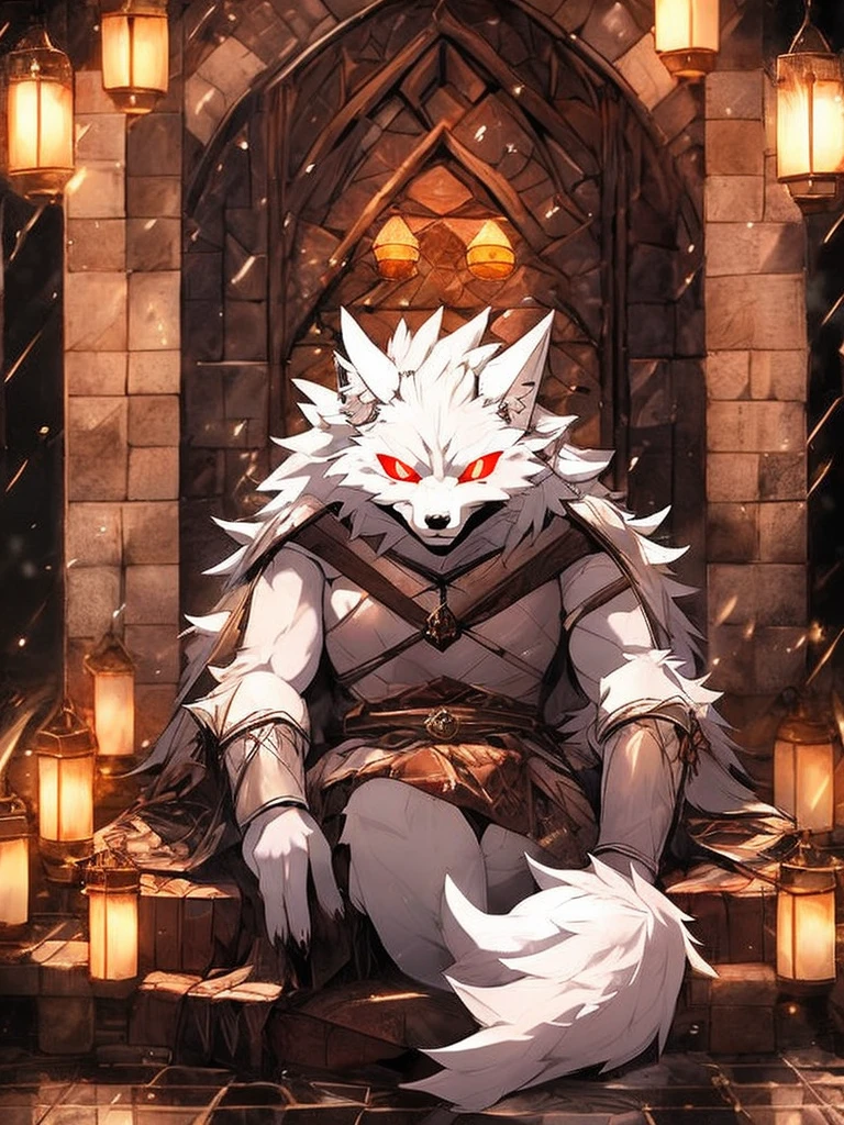 furry,sclera,red iris,White Wolf,female,cute,Lights and reflections, , Architecture of medieval Europe, Glazed tiles,Hell version of the background