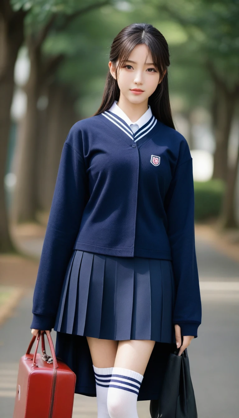 Wearing a cart and knee-high socks, Japanese girls uniform, Japanese , Cute school girl, Wearing Japanese clothes , Knee socks and skirt, a hyperRealistic , High school girl posing, Dressed as a high school girl, Girl in uniform, hyperRealistic , Realistic