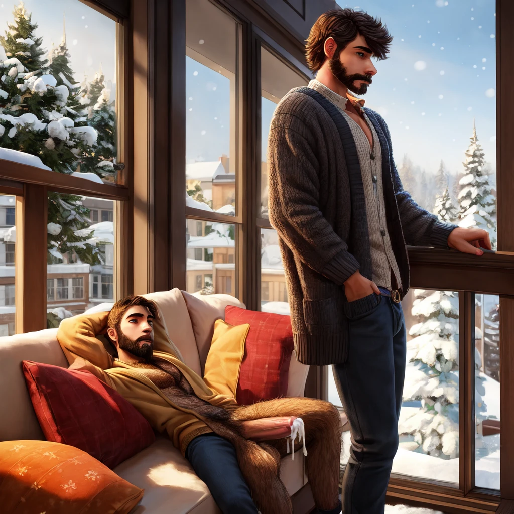 ((best quality)), ((masterpiece)), (detailed), a young hairy man, large cardigan, big dick, big dick, ((perfect dick)), big balls, lots of cum everywhere, winter, standing on balcony, drinking coffee,