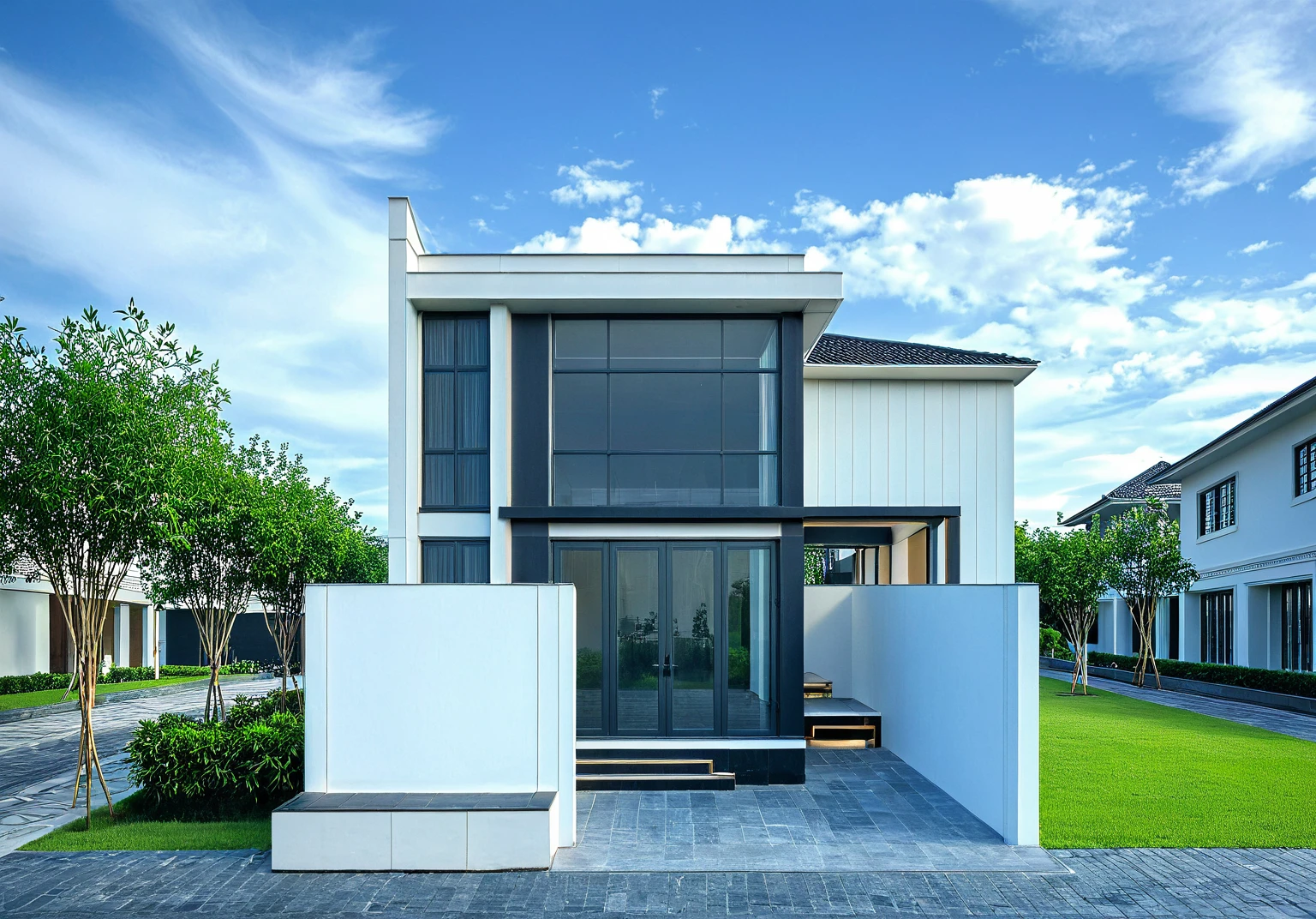 masterpiece, High Quality, best quality, true, super detailed, out side, one-story villa, yay, yaygroup, stone walling, phong cách ngôi nhà hiện đại trên sugar phố, cầu thang, white wall, sugar, pavement, grass, plant, firmament, cloud, (daylight :1.1)