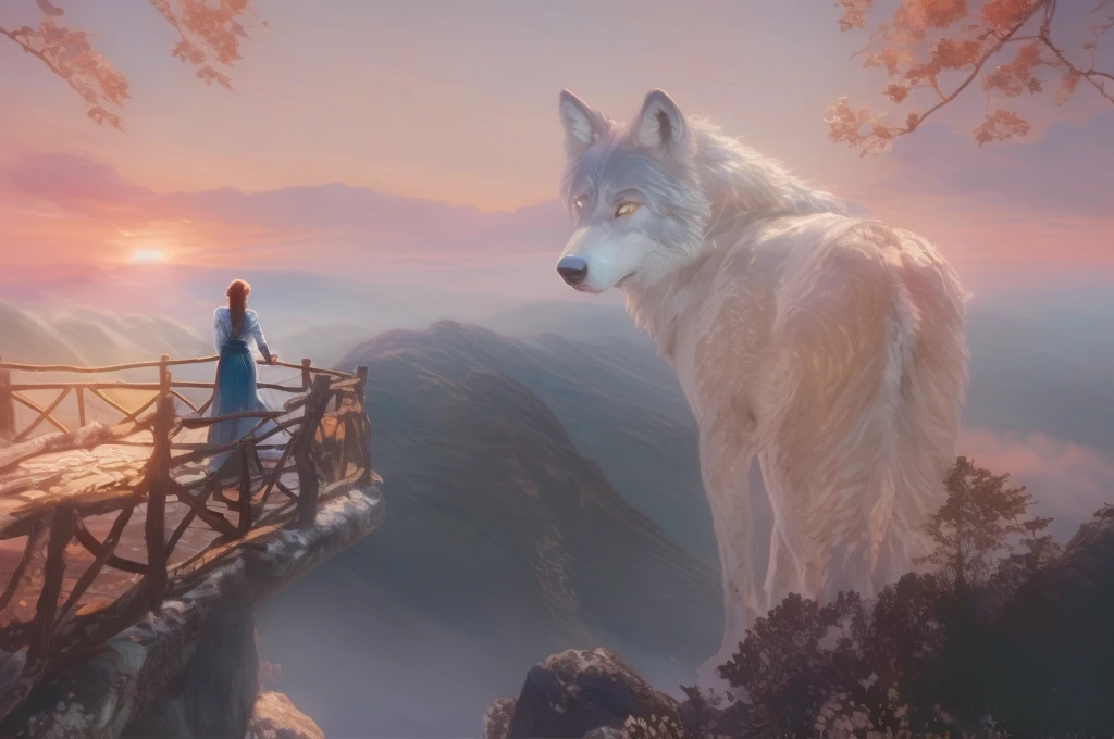 Magical digital illustration, surrealism, sunset, huge wolf walk among the mountains, turns round and looks at the girl, girl standing with her back, A girl stands on a wooden balcony overlooking a vast, misty mountain landscape, a girl dressed in a Caucasian national dress, with two long braids, calm peaceful atmosphere, natural light, (( Artem Chebokha, Devin Elle Kurtz, Rossdraws style)), Peter Morbacher style, awarded on artstation, cinematic light, magical light, The scene combines elements of fantasy and nature: the man is looking into the distance, while the huge wolf adds a surreal touch.