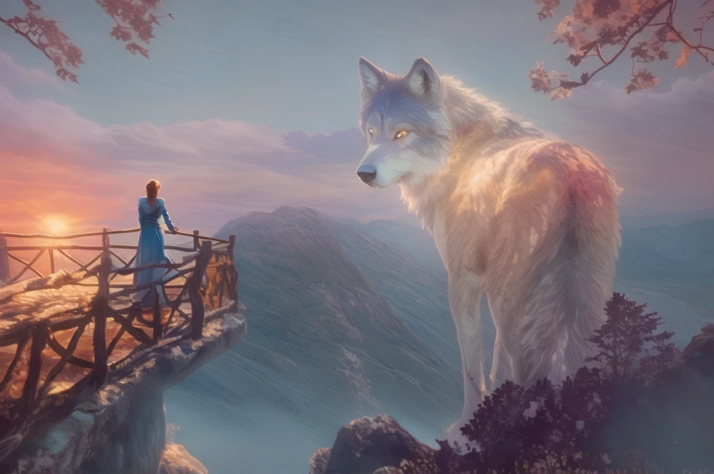 Magical digital illustration, surrealism, sunset, huge wolf walk among the mountains,  turns round and looks at the girl, girl standing with her back, A girl stands on a wooden balcony overlooking a vast, misty mountain landscape, a girl dressed in a Caucasian national dress, with two long braids, calm peaceful atmosphere, natural light, (( Artem Chebokha, Devin Elle Kurtz, Rossdraws style)), Peter Morbacher style, awarded on artstation, cinematic light, magical light, The scene combines elements of fantasy and nature: the man is looking into the distance, while the huge wolf adds a surreal touch.