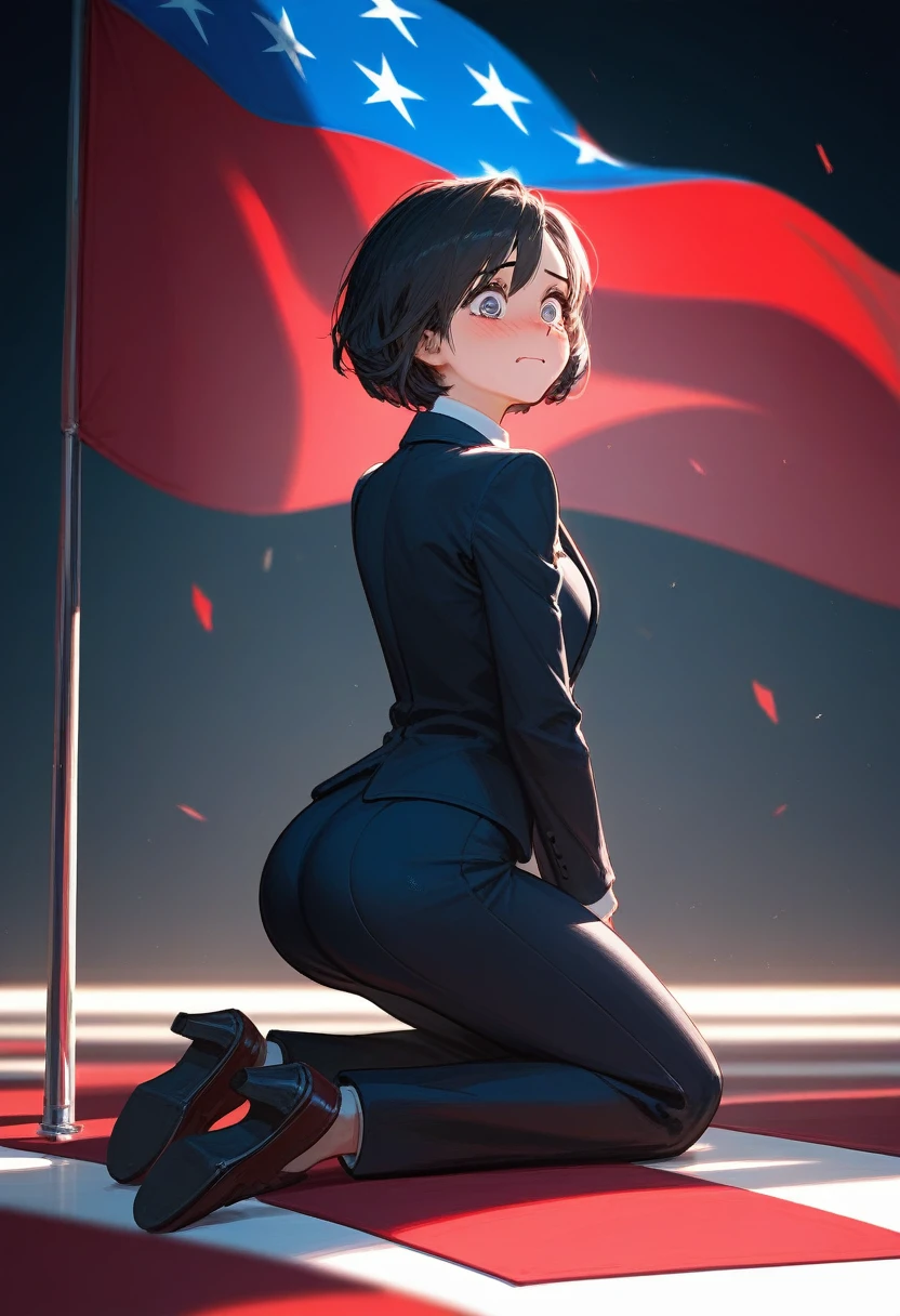 ((Best Quality)), ((Masterpiece)), ((4k)), ((full HD)), (detailed), ((perfect lighting)), ((Fine details)), 1 female (alone), (perfect body), (volumetric), short hair, big tits and big butt, beautiful eyes, (suit ), (scared), blushing cheeks, (the flag), random sensual pose (can be seated, crouched, standing, kneeling or lying down, vary), ((body looking forward)), ((background the random environment, vary))
