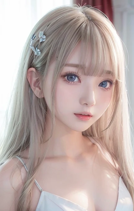 silver shiny hair, super long straight silky hair, dazzling blonde super long silky hair, cute little beautiful face of 16 years old, beautiful girl, sparkling blonde dancing in front of her cute face, long silky bangs covering the space between her eyes, very beautiful, bright, large, bright blue eyes, very big eyes, hair hiding her face, sexy cute young woman with super long bangs, very white skin, cheek gloss highlighter, small beautiful face, round face, ample bust, nipples, embarrassed face, Light pink small nipples
