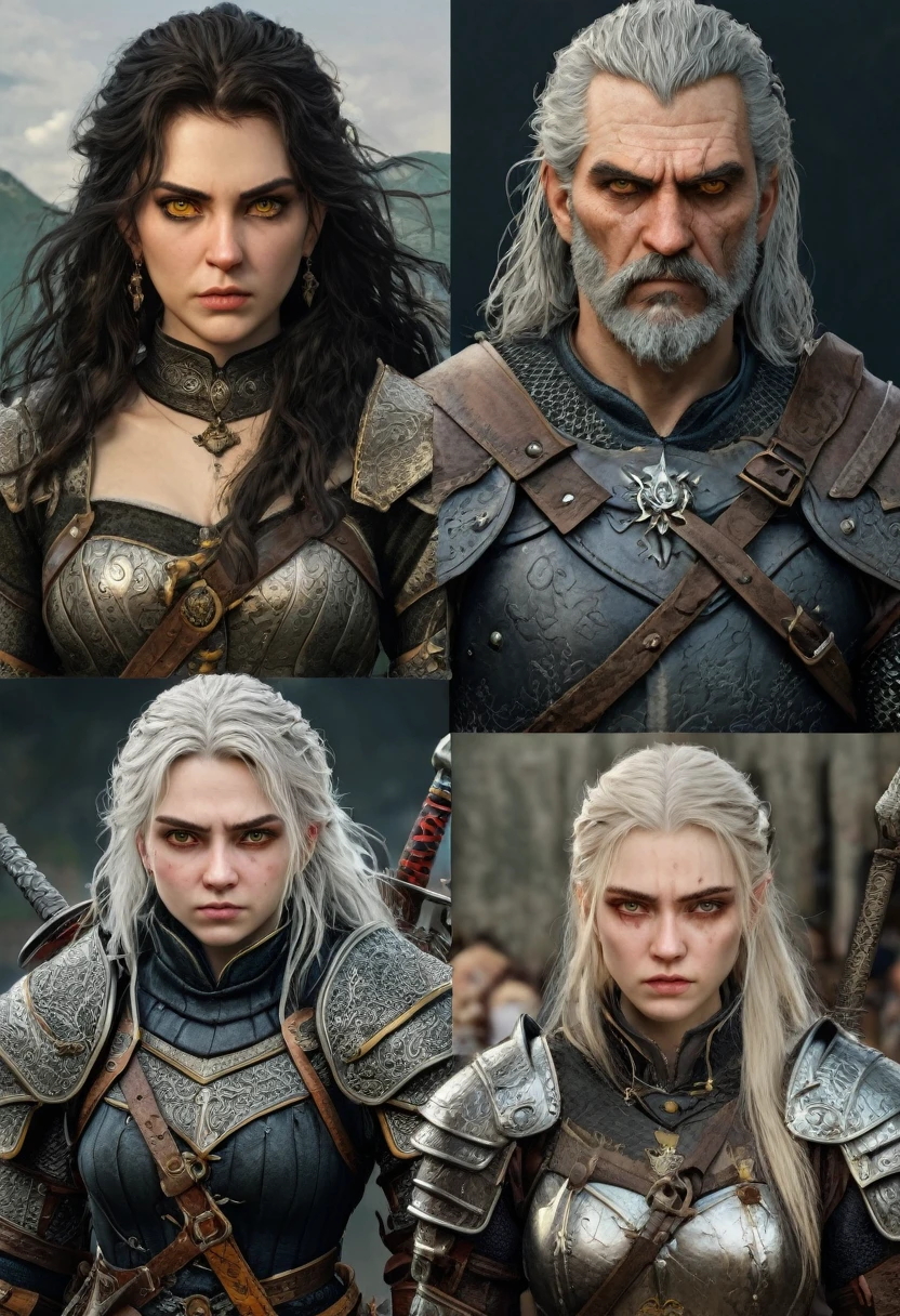 Image of a man and women who are witchers , man long hairs and beard, women with black hairs and pale skin , cat eye on both man and women , yellow eyes, man with angry expression ,women with normal expression , man and women covered with armour , 2 swords on the back on man and women , witcher medallian on the neck of man and women,man inside castle , mountain scenery ,