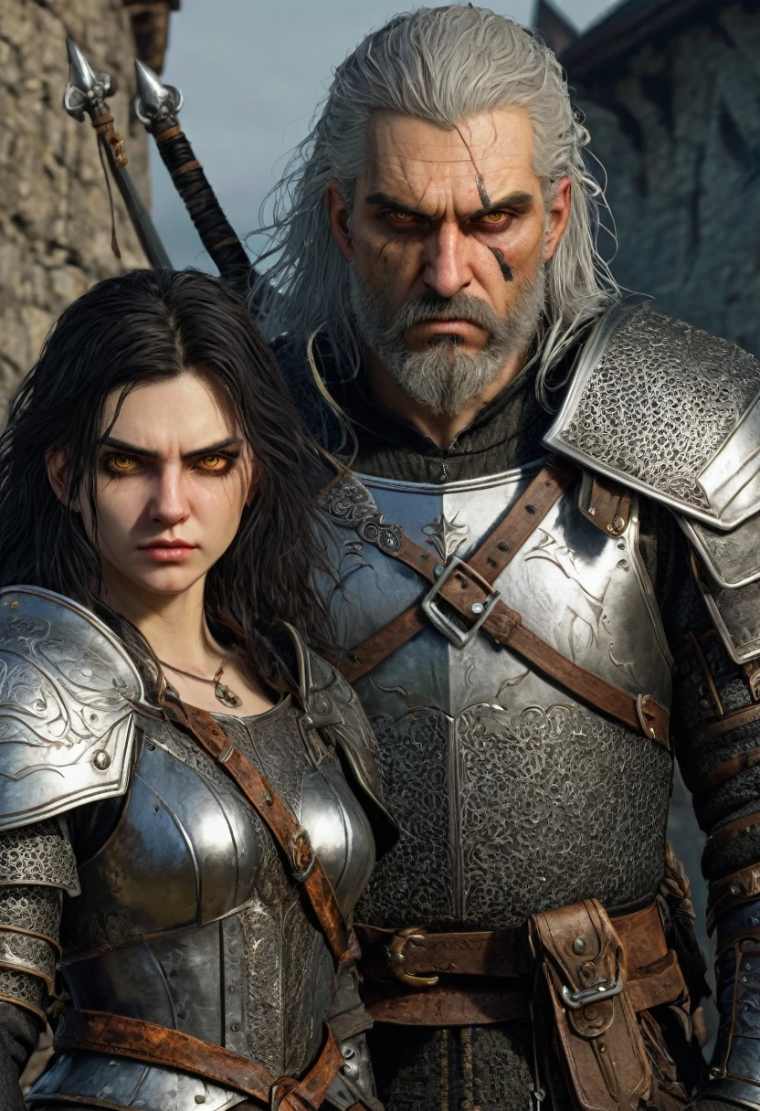 Image of a man and women who are witchers , man long hairs and beard, women with black hairs and pale skin , cat eye on both man and women , yellow eyes, man with angry expression ,women with normal expression , man and women covered with armour , 2 swords on the back on man and women , witcher medallian on the neck of man and women,man inside castle , mountain scenery ,